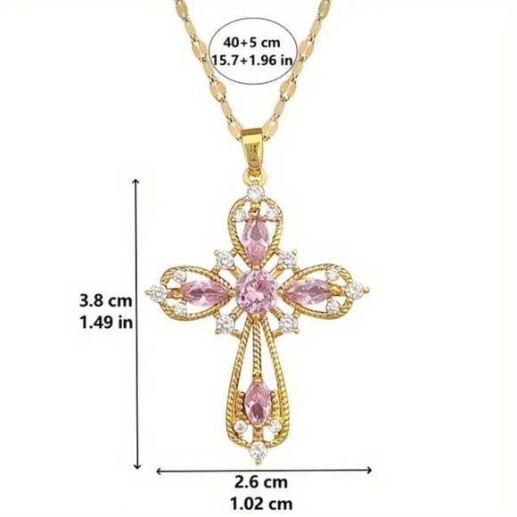 14K Gold Plated Ornate Pink Crystal Cross Necklace - Picture 4 of 4